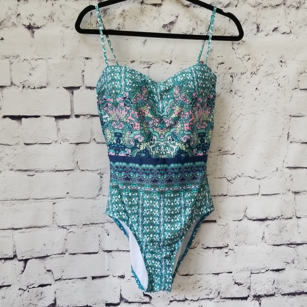 Kenneth Cole Teal/Blue Bandeau One-Piece Swimsuit